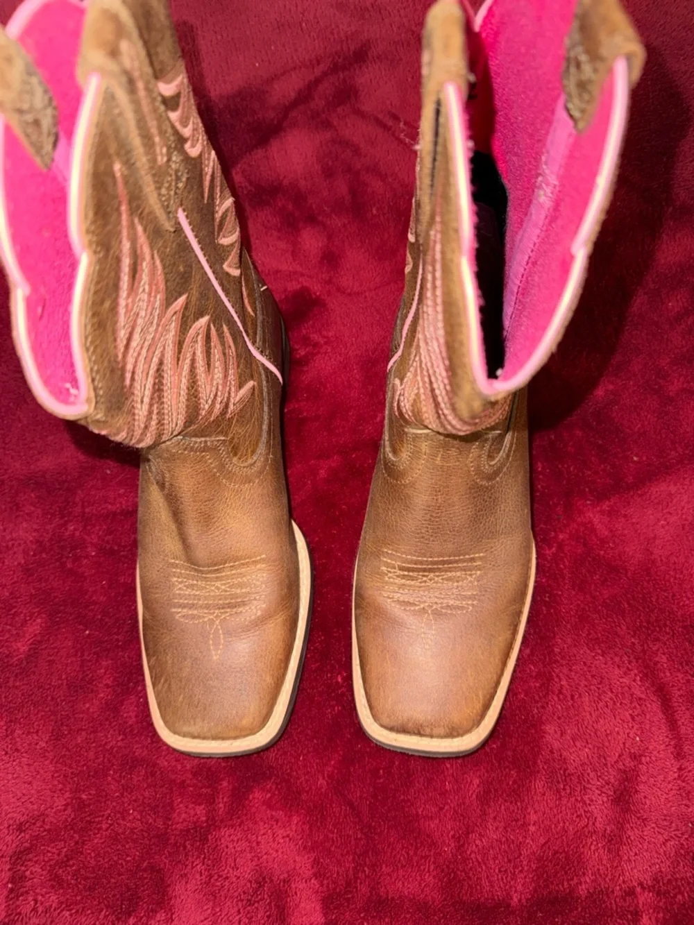 ARIAT Girls Youth Western Cowboy Leather Boots Size 2 Brown Pink Accents